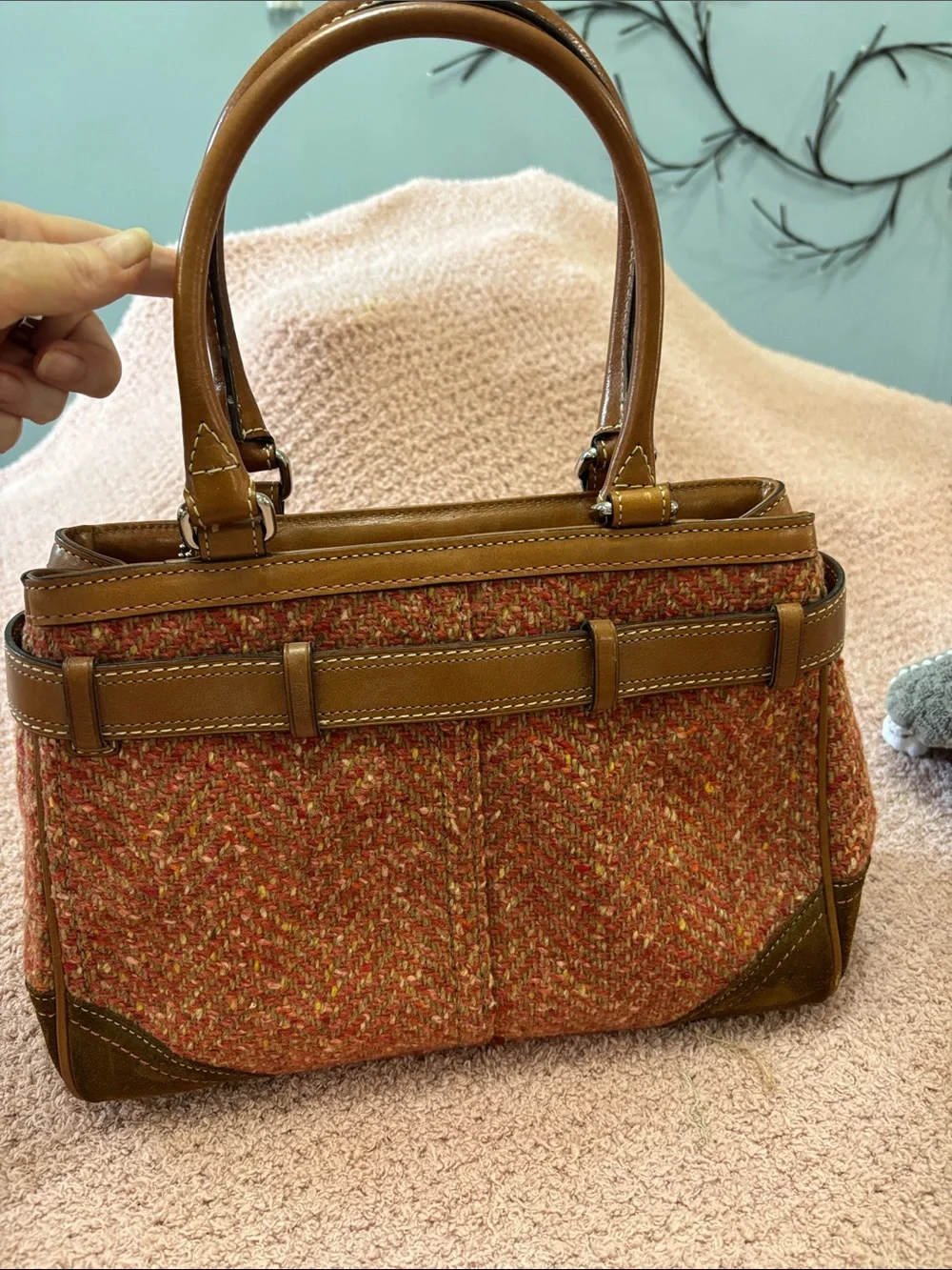 Coach Woven Tweed Top-Handle Satchel in Rust and Tan